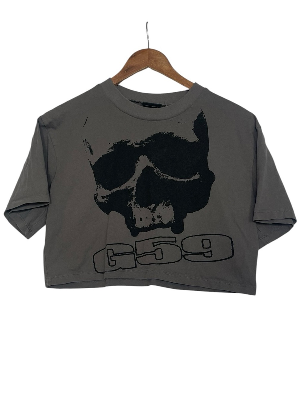 💀 G59 Records Baby Tee Grey Skull Small Shirt Y2K Emo Grunge Cyber Street